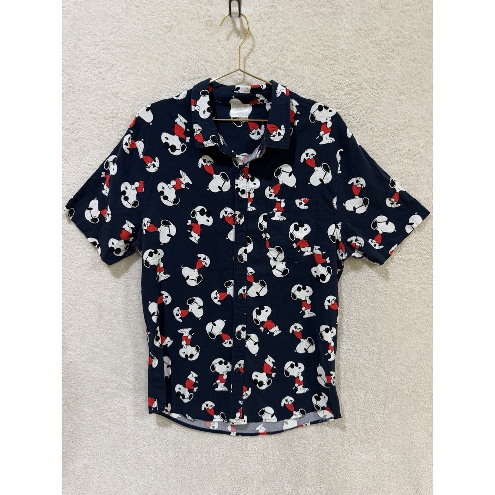 Peanuts Shirt Mens XL Blue Snoopy Button Up Short Sleeve AOP Cartoon Joe Cool